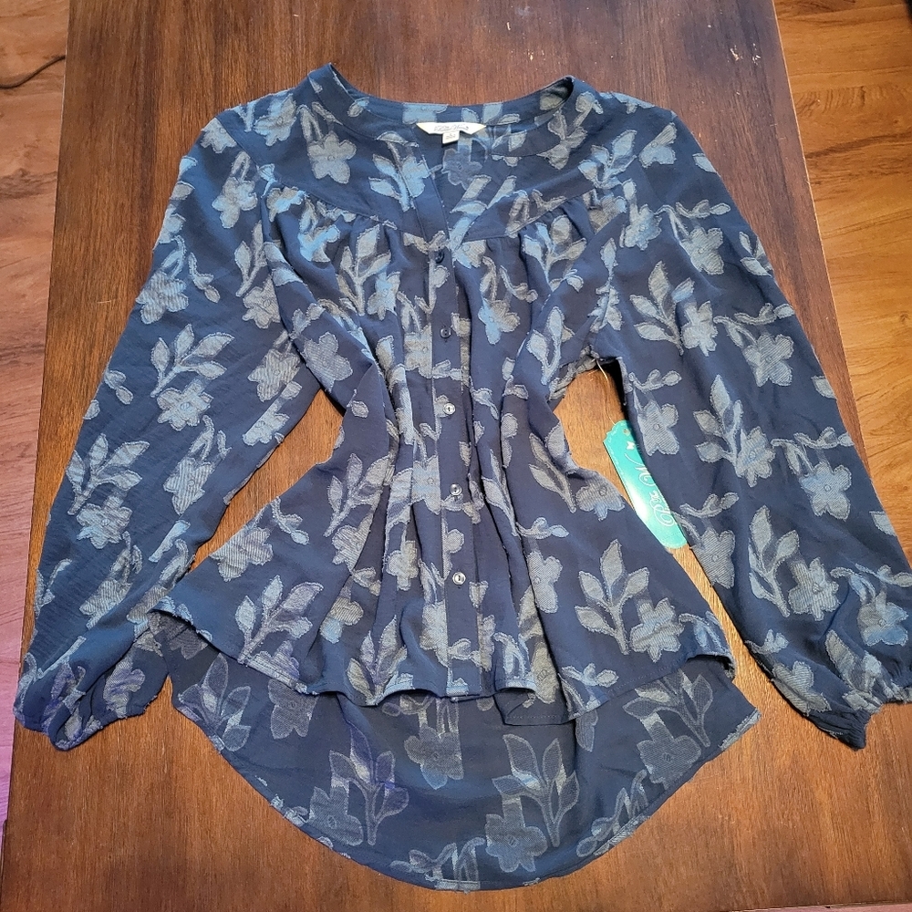 Pioneer Woman Floral Button Front Shirred Tunic Reflecting Pond L NWT